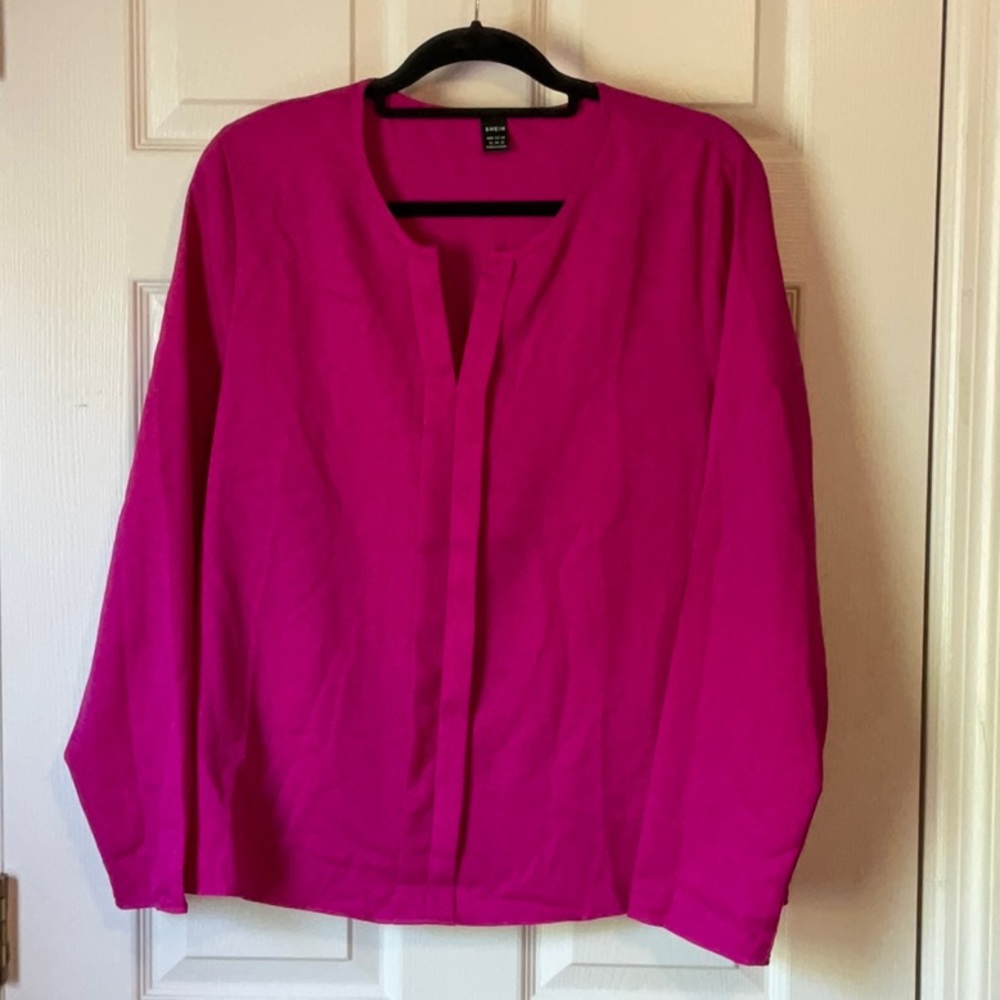 Shein Women’s Pop of Color Solid Pink V Neck Long Sleeves Blouse Size XL (12)